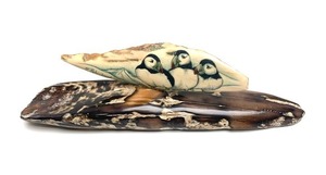 lot 101 image: Excellent Hand Made Fossilized Walrus Ivory Scrimshaw wArctic Terns by Artist Heidi Robichaud