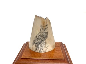 lot 102 image: Hand Made Fossilized Walrus Ivory Scrimshaw wOwl 