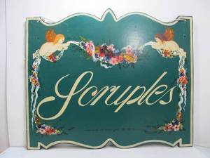 lot 11 image: Large Vintage Hand Painted Wooden Sign - Scruples