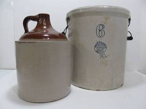 lot 31 image: Buckey Pottery 6 Gallon Stoneware Crock & Stoneware Jug