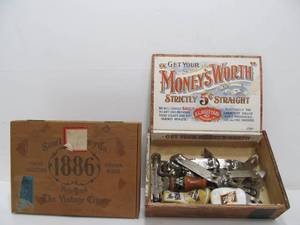 lot 33 image: 2 Old Cigar Boxes wBeer Openers etc