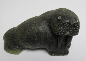 lot 106 image: Hand Carved Inuit Stone Walrus Carving - Kunarok