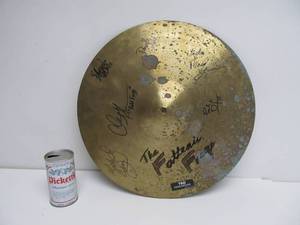 lot 93 image: Band Signed Brass Percussion Cymbal - The Fattenin Frogs