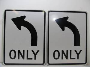 lot 144 image: 2 Large UNUSED Left Turn Metal Road Signs
