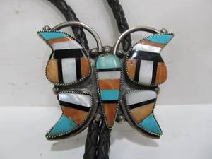 lot 218 image: Very Nice Signed Zuni Sterling Silver Multi-Stone Butterfly Bolo Tie