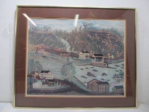 lot 240 image: Vintage Joseph Pickett Folk Art, Coryells Ferry 1776 Framed Print