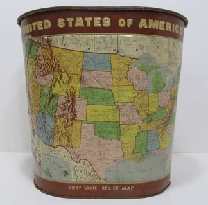 lot 264 image: Vintage 1950s-60s embossed metal US MAP metal trash can