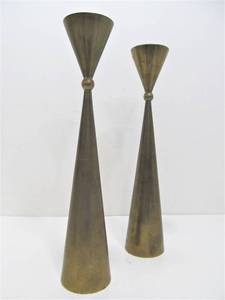 lot 180 image: Mid Century Atomic Style Brass Pair of Tapered Candlestick Holders