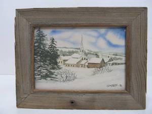 lot 326 image: Small Original Watercolor Painting Winter Town Scene wRustic Barnwood Frame
