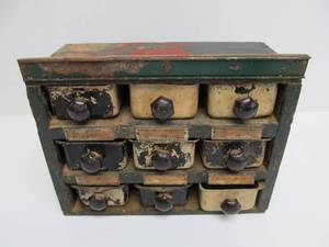lot 342 image: Awesome Vintage 1930s Era Folk Art IndustrialGarage 9-Drawer Parts Cabinet