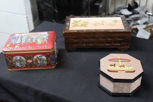 Lot of (2) Small Housewares - Wooden Jewelry Box, Decorative Tin w Lid