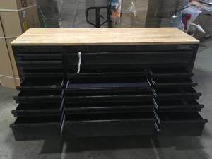 Husky 72 in. W x 24 in. D Heavy Duty 18-Drawer Mobile Workbench Tool Chest with Adjustable-Height Hardwood Top in Matte Black Customer Returns See Terms on Auction