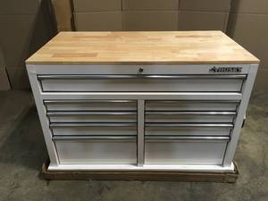 Husky 46 in. W x 24.5 in. D Standard Duty 9-Drawer Mobile WorkbenchTool Chest with Solid Wood Top in Gloss White Customer Returns See Terms on Auction
