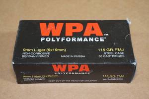 lot 89 image: 50 WPA Polyformance 9mm Luger 115 Gr FMJ Steel Case Ammo