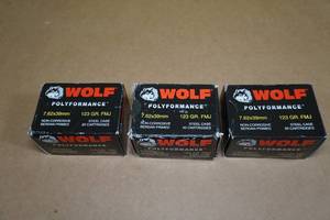 lot 96 image: 60 Wolf Polyformance 7.62 x 39mm 123 Gr FMJ Steel Case Ammo