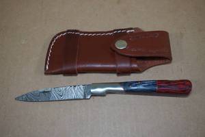 lot 168 image: Custom Handmade Damascus Style Steel Folding Knife with Exotic Wood Handle