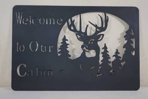 lot 189 image: Metal Cut Welcome to Our Cabin Deer Sign