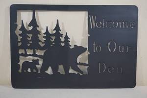 lot 190 image: Metal Cut Welcome to Our Den Bear Sign