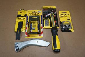 lot 47 image: Stanley Tools - Utility Knife, Blades, Driver, Tape Measure, Pry Bar