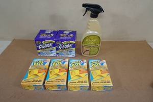 lot 65 image: Chore Boy Scrubbing Cloths, Kaboom Toilet Cleaning Systems and Granite Gold Shower Cleaner