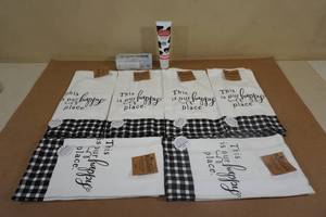 lot 66 image: 6 Kitchen Dual Purpose This is Our Happy Place Towels with Soaps and Lotion