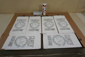 lot 67 image: 6 Kitchen Family is Everything Flour Sack Towels with Soaps and Lotion