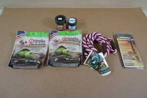 lot 114 image: Four Leaf Rover Supplements, Meaty Chew Bones, Leash, and Tick Tweezers