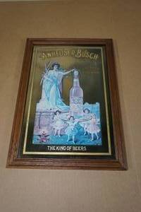lot 279 image: Vintage Anheuser Busch Metal Foil Mirror in Frame