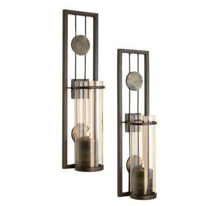 lot 35 image: 2 Dayna B. Contemporary Metal Wall Sconces with Antique Patina Medallions