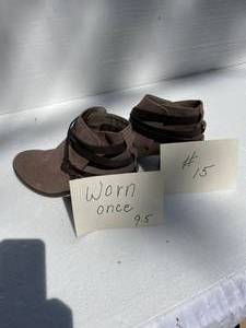 lot 15 image: Mossimo Supply nice Tan boots with a brown strap across the front.  3 inch heels size 9-12