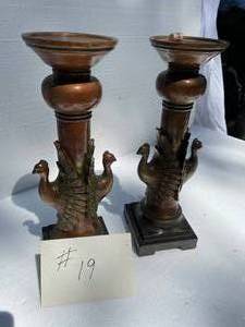 lot 19 image: Pair Of Beautiful Peacock Resin Candle Holders 17 inches