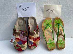 lot 45 image: NEW Asuhsku Sabo Woodies Colorful Spring Green Flowers. Slip On With Wood Laquer Soles. Wood Heels 1.5, With Rhinestones Size 9