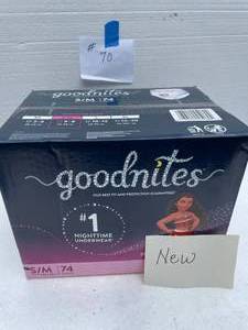 lot 70 image: NEW. SM Good Nights Underwear Pull Ups. 43-68 Lbs. 74 Count