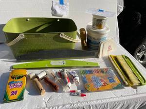 lot 97 image: Wall Paper Supplies & Basket. A Large Assortment Of Tools Glue Types. Injector, Paper Glue & Edging & Much More