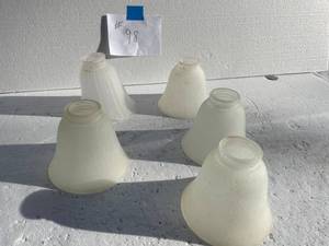 lot 98 image: 4-Matching Frosted Glass Shades & 1-Other Glass Frosted Shade. No Chips.