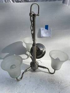 lot 100 image: Brushed Nickle Hanging Light Fixture With 3-Frosted Glass Shades