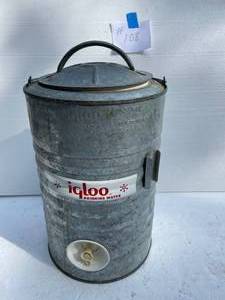 lot 108 image: Vintage 3-Gallon Igloo Drinking Water Container. Also Has Cup Holder Not Shown.