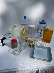 lot 110 image: Large Lot Of Kitchen Related-Cups Juice Containers, Glass Coffee Pot, Etc.