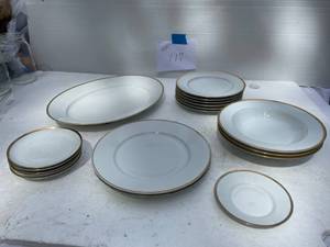 lot 117 image: 5-Nortake Ireland Cup Saucers, Serving Plates, 2-Dinner Plates, 6-Salad Plates, 3-Soup Bowls, 2-Desert Plates, Gold Edging