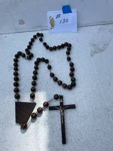 lot 130 image: Nice Wood Beaded Rosary. (Beads Are Nickel Size)