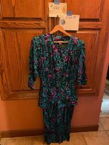 lot 143 image: Dress Size 18 Bottom Skirt Attached To Top Long Sleeves.  Black Background With Green & Pink Flowers