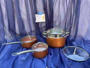 lot 148 image: Copper Pan Set-3-Pots With Covers, One Is Steamer, Like New See Pix.