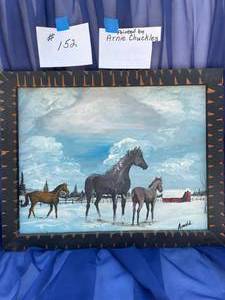 lot 152 image: Horses On A Cold Winter Day Painted By Arnie Chuckles With A Rustic Frame 21x26