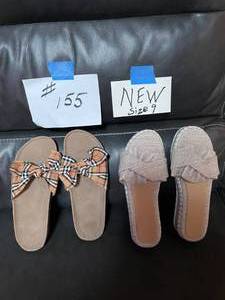 lot 155 image: NEW Size 9 Slip On Sandals, One With Cloth Checkered Bow ,Ties, Flat Soles, One With BrownTan Color with Slight Wedge Heel