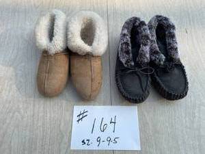 lot 164 image: 2-Pair Slippers Size 99.5. Black Ones Are New & Gold Ones Are Suede With Sheepskin Inside.