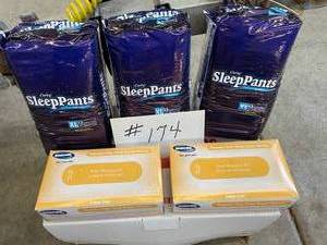 lot 174 image: NEW 3 Packages Of Sleep Pants Size XL, 13 Disposable Under Pants Each Package 85-100 Lbs & 2 Boxes Of XL Powder Free Exam Gloves