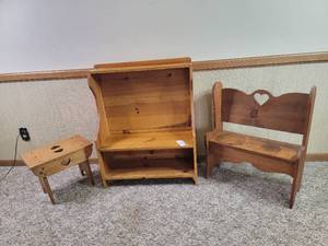 lot 44 image: 3 PIece Vintage Hand-Crafted Country Furniture-Bench, Shelf, & Table
