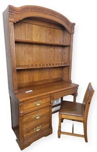 lot 27 image: Vintage 5 Drawer Desk w 2 Shelf Hutch & Chair 44 x 19 x 76