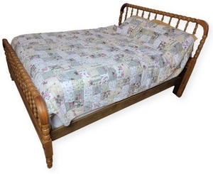 lot 20 image: Vintage Full-Sized, Matress, Bed and Bedding 63 Wide Headboard & Baseboard and Full Bed Frame
