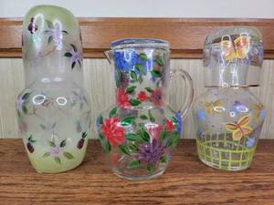 lot 147 image: 3 Vintage Hand-Painted Bedside Carafes and Cups